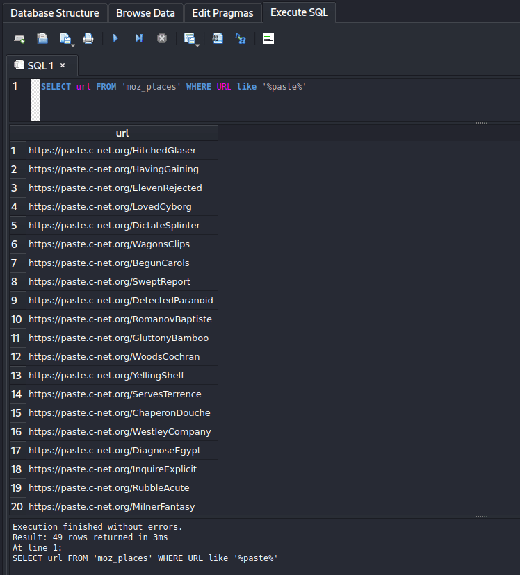 Screenshot of the SQL query